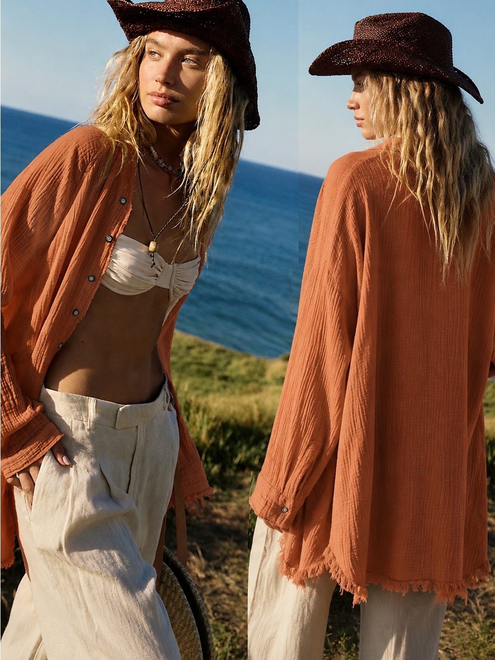 Free People We The Free Summer Daydream Gauze Tunic Button Down Burnt Orange Sm
